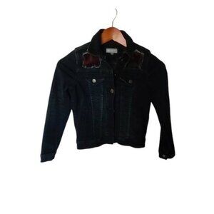 Tractr Dark Wash‎ Denim Jean Jacket Girls Size M 8  Plaid Red Patches